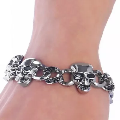 Mens Large  9  Stainless Steel Biker Skull Link Bracelet D60 • $23.95