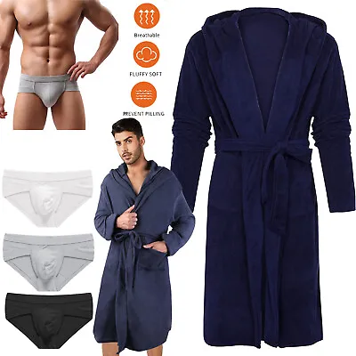 Men's Hooded Bathrobe Flannel Long Sleeve Robe Cotton Underwear Briefs Bathrobe • $7.96