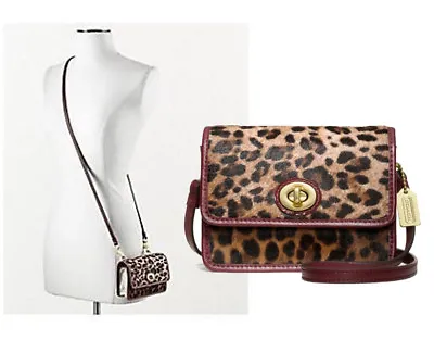 NWT COACH Ocelot Leopard Haircalf Mini Penny Aubergine Crossbody Swing Bag NEW • $88