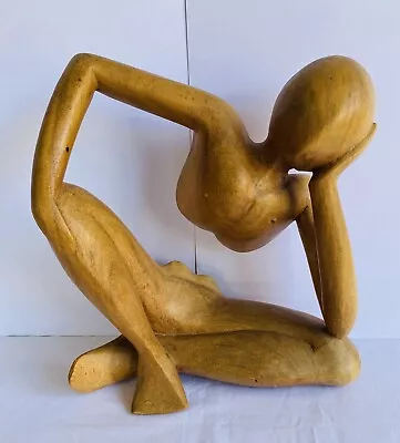 ABSTRACT ART Wooden Figure Statue Wood Carved Yoga Decor Sculpture Thinking 30cm • $89.94