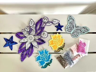 Vintage Sequin Embroidered Patches Fabric Badge Applique Set Star Butterfly Rose • £18