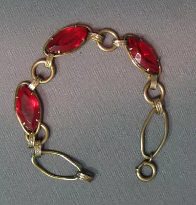 Vintage Art Deco Red Rhinestone Gold Filled Link Bracelet 5282R Free Ship • $44.95