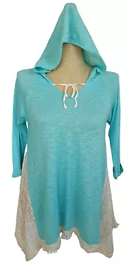 Umgee Tunic Hoodie Top Small Aqua Blue 3/4 Sleeve Lace Fringed Festival Bohemian • $14.99