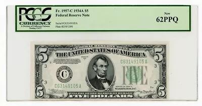 1934 A $5 Federal Reserve Note PCGS 62 PPQ Fr# 1957-C New • $40