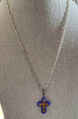 Sterling Silver Milllefiori Venetian Glass Cross Pendant Womens Chain 17” Italy • $19.99