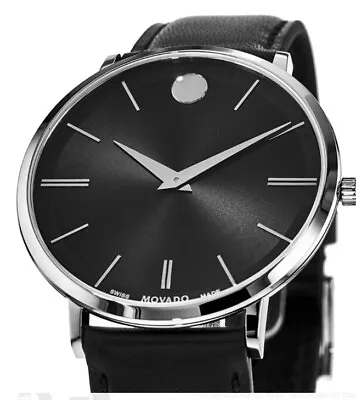 Movado $595 Men's Ultraslim Silver Black Dial Leather Strap Swiss Watch 0607086 • $389.99