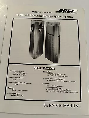 Original Bose Service Manual 401 Direct/Reflecting System Speaker • $24.95