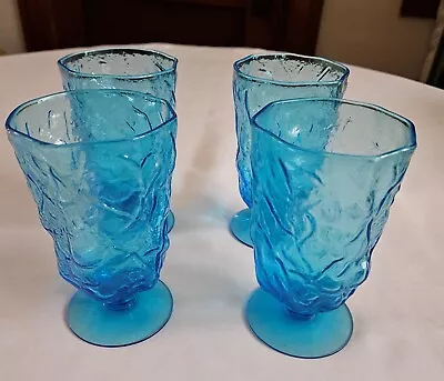 4 Morgantown Seneca Driftwood Glass Peacock Blue Crinkle Footed Goblets Tumblers • $40