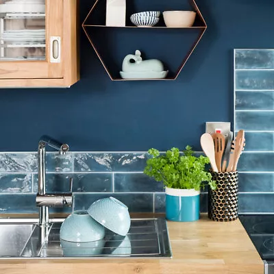 £4.49 • Buy Dark Blue Kitchen Wallpaper - Smooth Thick Vinyl - Paste The Wall - 583987 