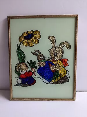 Vintage Foil Tinsel Art Bunny/Rabbit Picture Reverse Painting Framed Glass  • $23.49