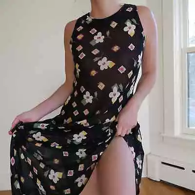 90s Sundress Vintage Black Floral Sleeveless Midi Dress Rayon Medium • $28