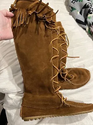 Minnetonka Boots 8 Brown Knee High Front Lace Up Moccasins Leather *Free Ship! • $58