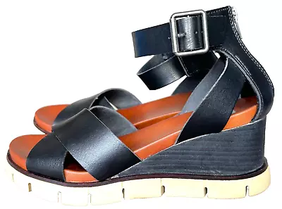 MIA Lauri Women 7.5 Black Platform Wedge Leather Sandals Ankle Strap Zipper • $21.99