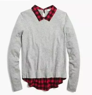 J Crew Red & Black Buffalo Check Gray Top Sweater SMALL Peter Pan Curved Hem • $16.44