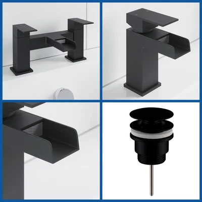 £69.97 • Buy Bathroom Modern Waterfall Black Basin Sink Mono Square Mixer Tap Filler Waste