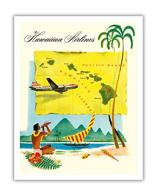 Hawaii Route Map - Hawaiian Airlines - Vintage Travel Poster C.1950s • $15.98