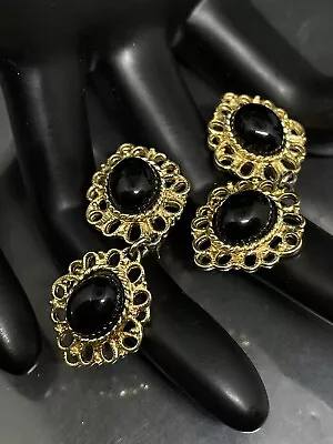 VTG Sarah Coventry Gold Tone Black Lucite Clip On Earrings Signed 1.5” 5.4g Each • $25