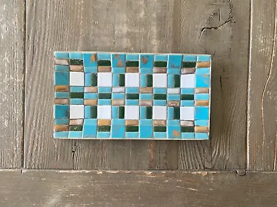 Vtg MCM Rectangular Mosaic Tile Tray Trinket Dish Teal Gold White Tiles • $16.99