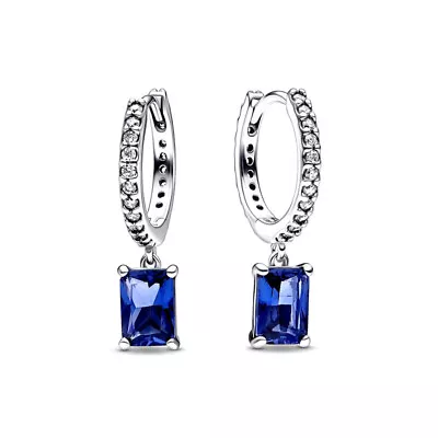 Authentic Pandora Blue Rectangular Sparkling Hoop Earrings 292381C01 • £24