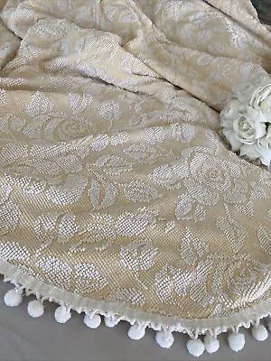 Vintage Yellow White Floral Cotton Hobnail Chenille Queen Bedspread Pompoms • $75