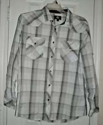 MENS ROCK REPUBLIC Sz L Gray Plaid Long Sleeve Roll Tab ROCKABILLY WESTERN SHIRT • $16.99