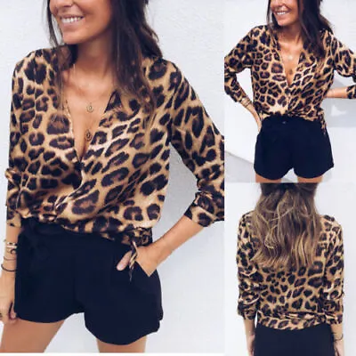 Womens Ladies Leopard Animal Print V Neck Peplum Blouse V-neck Long-sleeved Top • £4.99