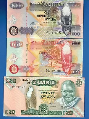 $3.95 • Buy Zambia P-27 P-37 P-38 20,50,100 Kwacha Paper Money Uncirculated Banknotes SET-4