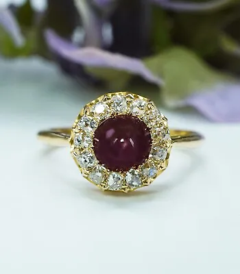 Victorian Antique Old Miner Mine Cut Diamond Sugarloaf Ruby Ring 18K Gold Estat  • $1699