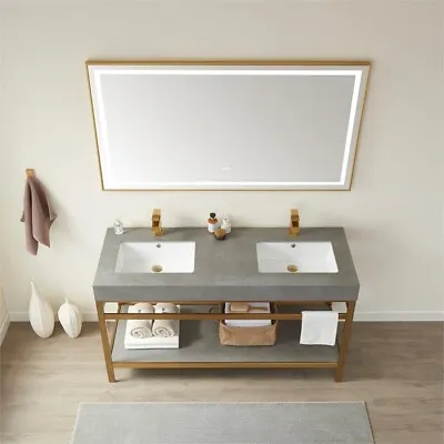 Funes 60  Double Sink Bathroom Vanity In Brushed Gold Frame Gray Top W/ Mirror • $1574.81