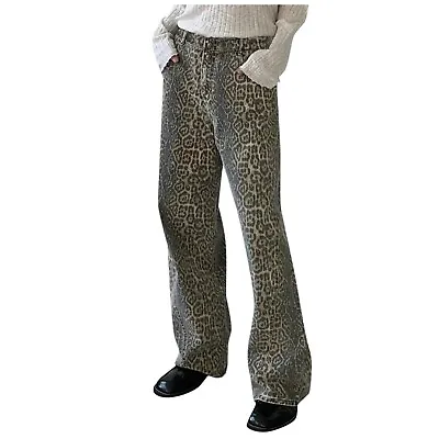Vintage Leopard Print Denim Jeans   Retro Streetwear Wide Leg Pants  Relaxed • $35.61