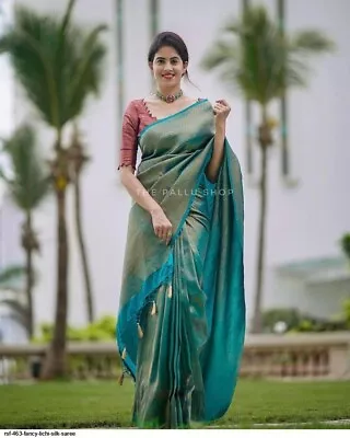 Womens's Saree Indian Wedding Party Wear Pakistani Designer Soft Lichi Silk Sari • $29.99