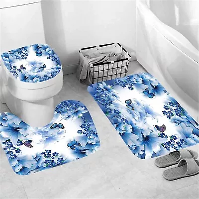  3Pcs Bathroom Mat Set Anti Slip Toilet Rugs Blue Butterflies Carpet Toilet Bath • $31.35