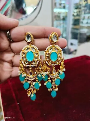 Gold Plated Light Blue Kundan & Pearl Meenakari Dangler Earrings For Women Set • $27.89