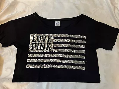 PINK By Victoria Secret XS Black Cropped Shirt W/Silver Sequin Flag Short Sleeve • $39.95