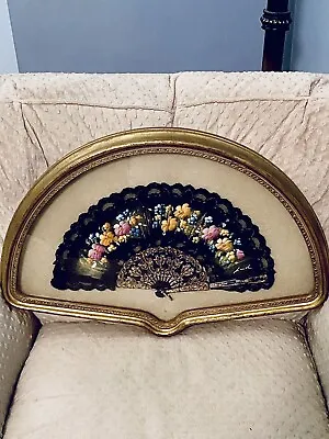 ViNtAgE Victorian Black Lace HandPainted Fan Gold Wood Shadow Box Italy GoRgEoUS • $36