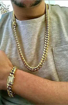 $44.64 • Buy 14k Gold Plated Stainless Steel Miami Cuban Link Bracelet&Chain Combo Set 10MM