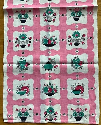 Tea Towel Table Runner  36x 16 MCM  VTG Farmhouse Decor Flower Pots Pink Black • $14.99