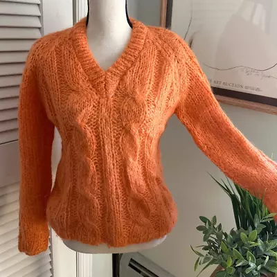 Vintage CONTINENTAL CREATIONS Orange Hand Knit Mohair Wool V-Neck Sweater | *M • $44.99