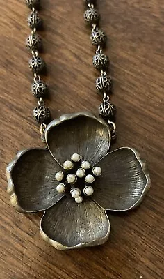 Vintage Mary Demarco Brass Magnolia Necklace With Pearl Accents • $30