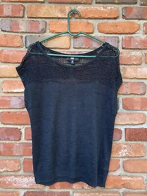 Mossimo Black Linen Short Sleeve Open Knit Crochet Sweater Tunic Top Size Medium • $12.95