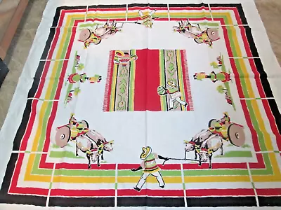 Vtg StarTex Tablecloth Mexican Theme EUC 75% Cotton 25% Linen 48x48 VIVID • $49