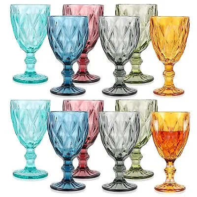 Set Of 12 Vintage Glass Goblets Bulk 10 Oz Multi Colored Stemware Wine Glasses • $59.44