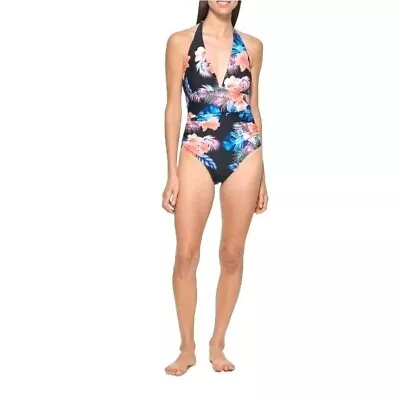 DKNY Women's XL One Piece Tummy Control Halter Neckline Swimsuit Tropical • $19.99