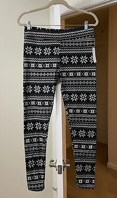 Time & Tru Leggings Soft Stretch Black Snowflake Nordic Fair Isle Women's Large • £6.14