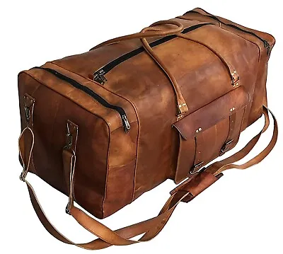 Large 32  Men's Duffel Real Brown Leather Luggage Weekend Gym Sport Travel Bag • $89.99