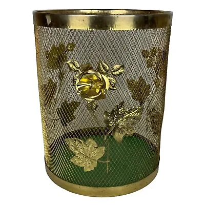 Gold Gilt Metal Mesh Waste Basket Trash Can Roses Leaves Round Column Vintage • $59.99