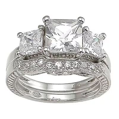 4.8 Ct. Sterling Silver Princess Cut 3 Stone Cubic Zirconia Bridal Wedding Set • $34.99