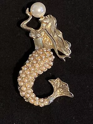 Large Vintage MONET Gold Tone With Pearl MERMAID Brooch SIGNED RARE HTF • $89