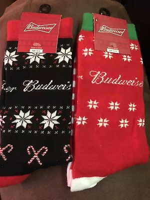 2 Lot BUDWEISER SOCKS NEW RED WHITE BLACK CHRISTMAS MENS CASUAL SIZE 10 - 13 • $16.98