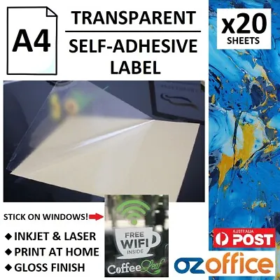 20 X A4 Clear Transparent Glossy Self Adhesive Sticker Label Paper Inkjet Laser • $18.95